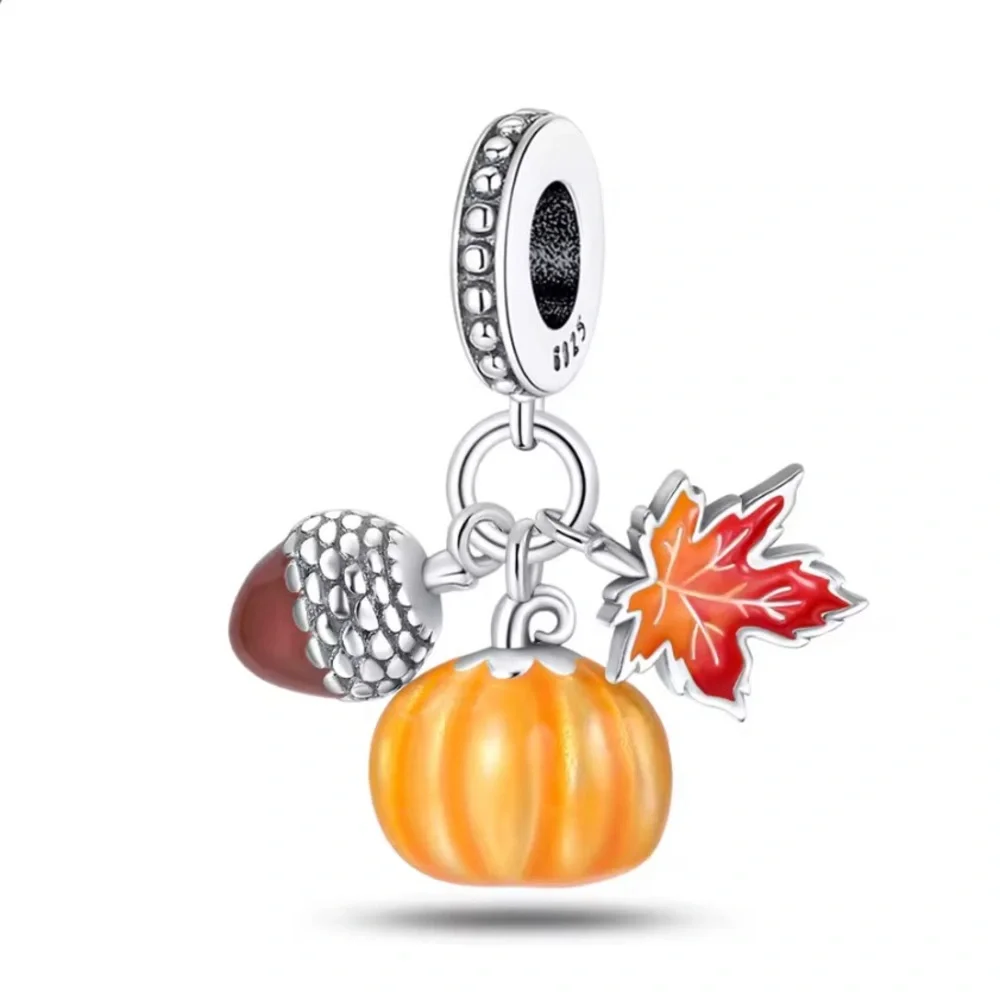Sterling Silver Autumn Pumpkin, Acorn & Leaf Charm - Fall Enamel Pendant